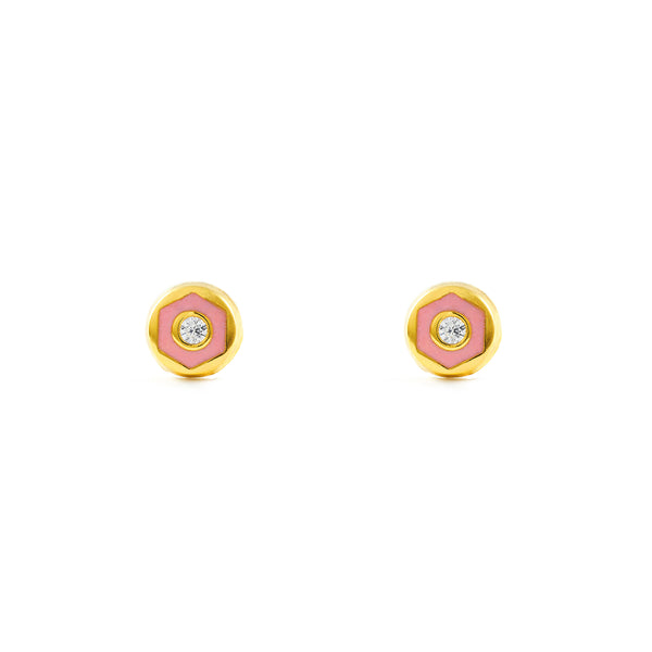 Orecchini bambini ragazza Smalto rosa Rotondo Zircone Oro Giallo 18K