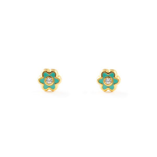 Orecchini bambini ragazza Smalto verde fiore margherita Zircone Oro Giallo 18K