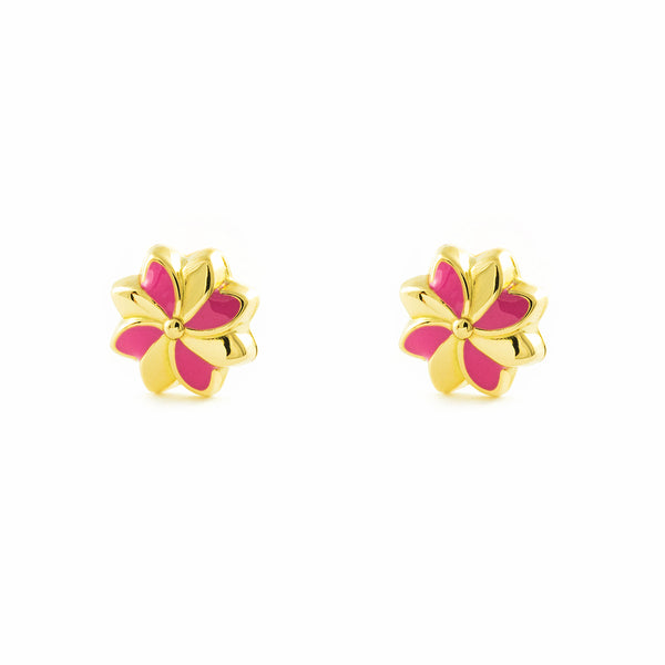 Orecchini ragazza Smalto rosa Fiore Oro Giallo 18K