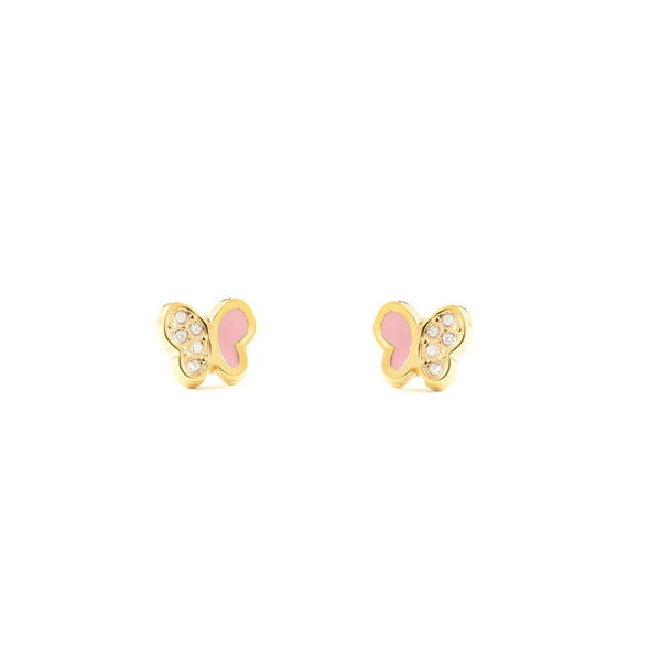 Orecchini ragazza Smalto rosa Farfalla Zircone Oro Giallo 9K