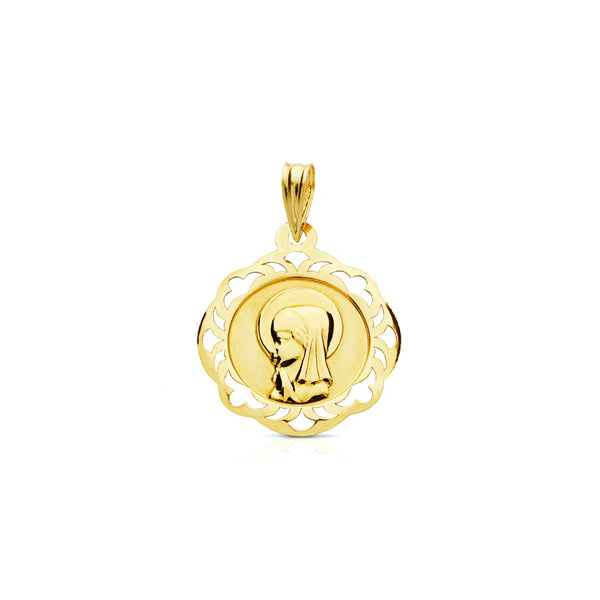 Medaglia religiosa pendente Oro Giallo 18K Personalizzata Vergine Bambina Rotonda Opaca e Lucida 20 x 18 mm