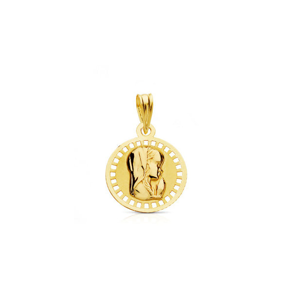 Medaglia religiosa pendente Oro Giallo 18K Personalizzata Vergine Bambina Rotonda Opaca e Lucida 16 x 16 mm