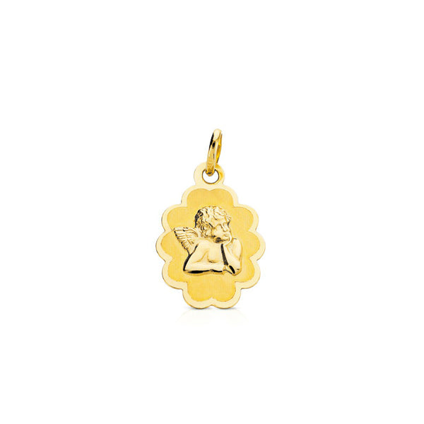 Medaglia religiosa pendente Oro Giallo 18K Personalizzata Angelo Ondulato Opaco e Lucido 17 x 12 mm