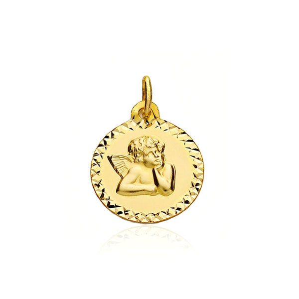 Medaglia religiosa pendente Oro Giallo 9K Personalizzata Angelo Tondo Opaco e Lucido 16 x 16 mm