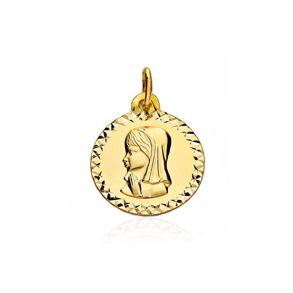 Medaglia religiosa pendente Oro Giallo 9K Personalizzata Vergine Bambina Rotonda Opaca e Lucida 16 x 16 mm