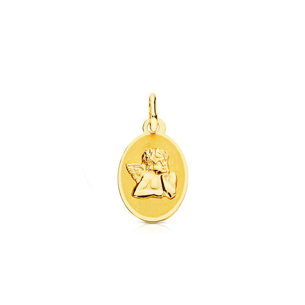 Medaglia religiosa pendente Oro Giallo 9K Personalizzata Angelo Ovale Opaco e Lucido 15 x 10 mm