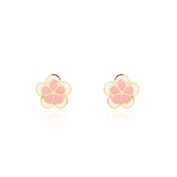 Orecchini ragazza Smalto Rosa-Bianco fiore margherita Oro Giallo 18K