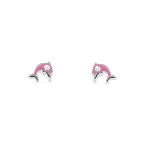 Orecchini Smalto rosa Delfino Zircone Argento Sterling 925 brillante