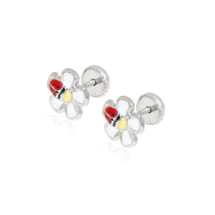 Pendientes Plata flor con mariquita esmaltada