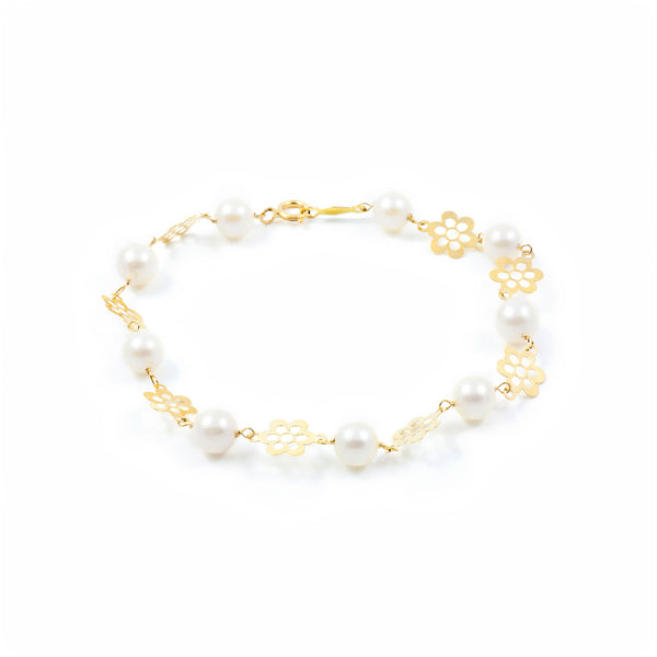 Bracciale Ragazza Oro Giallo 18K Perla Roton6 mm Fiori Brillanti 18 cm