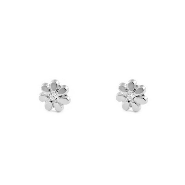 Orecchini bambini ragazza fiore margherita Zircone Oro Bianco 9K