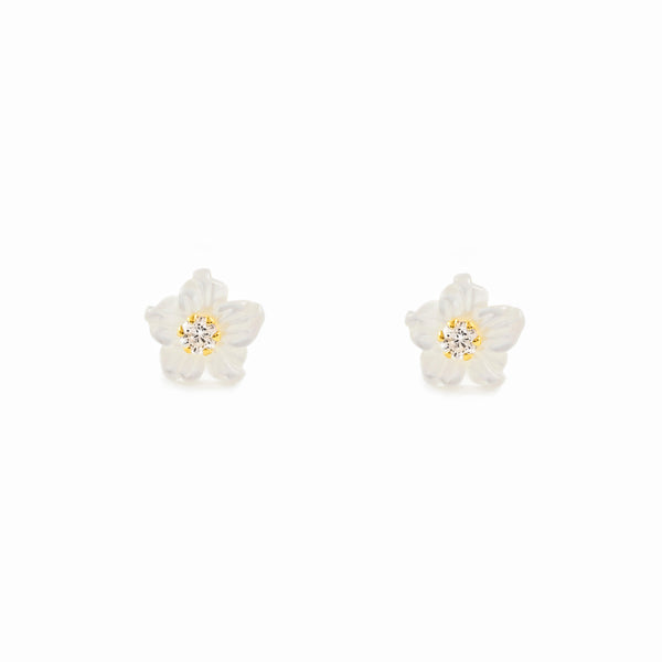 Orecchini ragazza Madreperla Fiore Zircone 2 mm Oro Giallo 18K