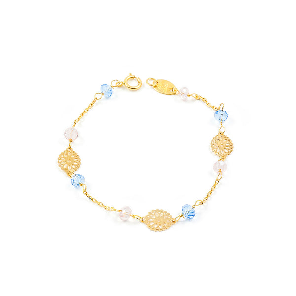 Bracciale Ragazza Oro Giallo 18K Fiori Blu Brillanti 13 cm