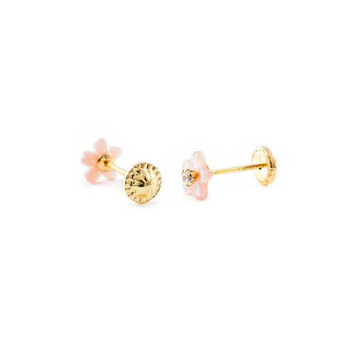 Pendientes bebe o Niña Flor Nacar Rosa 5 Petalos Circonita