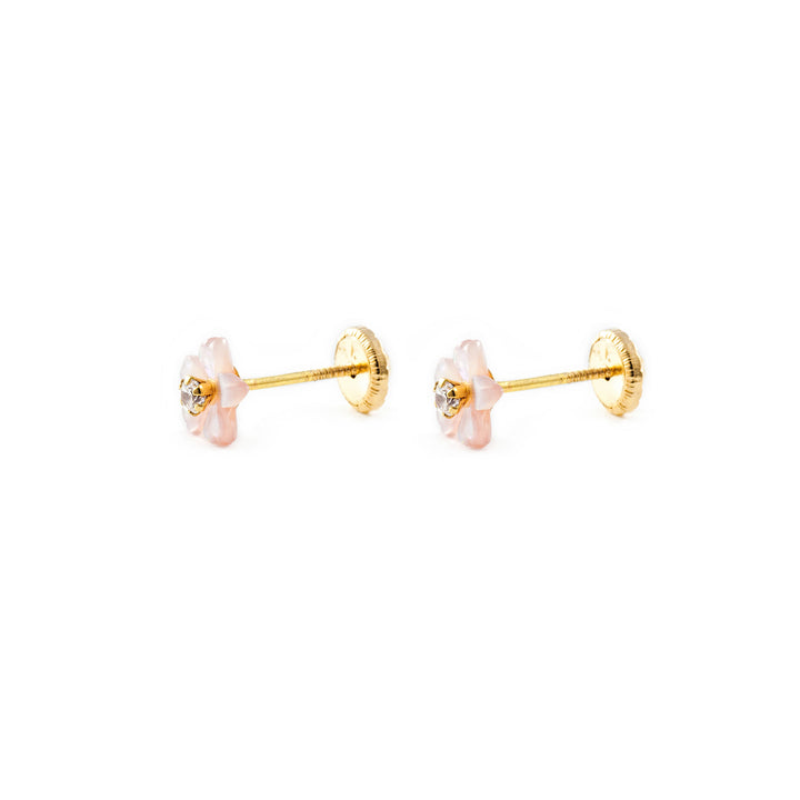 Pendientes bebe o Niña Flor Nacar Rosa 5 Petalos Circonita