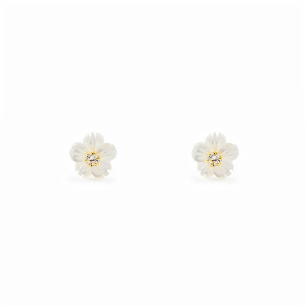 Orecchini ragazza Madreperla Fiore Zircone 2 mm Oro Giallo 9K