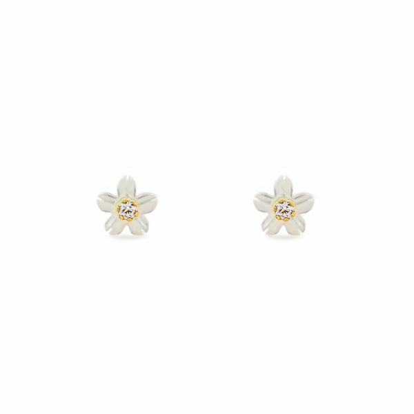 Orecchini ragazza Madreperla Fiore Zircone 2 mm Oro Giallo 9K