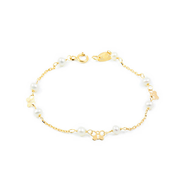 Bracciale Ragazza Oro Giallo 18K Perla Roton3 mm Farfalla Brillante 13 cm