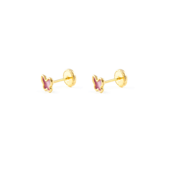 Pendientes Oro Bebe o Niña Mariposa esmalte rosa