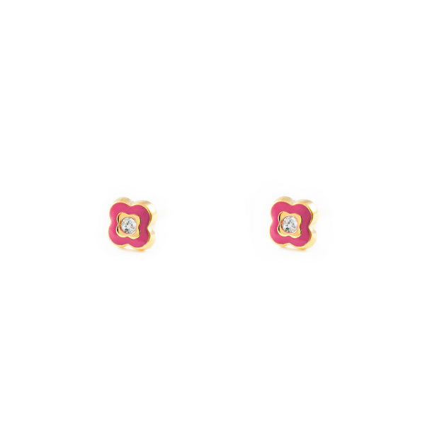 Orecchini ragazza Smalto rosa Trifoglio Zircone Oro Giallo 9K