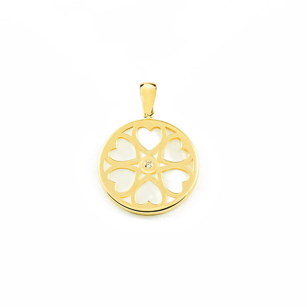 Pendente ciondolo brillante Madreperla Cuori Zircone Oro Giallo 9K